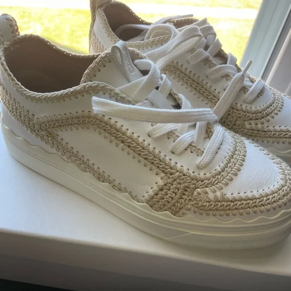 Chloe Lauren White Crochet Leather Platform Sneaker